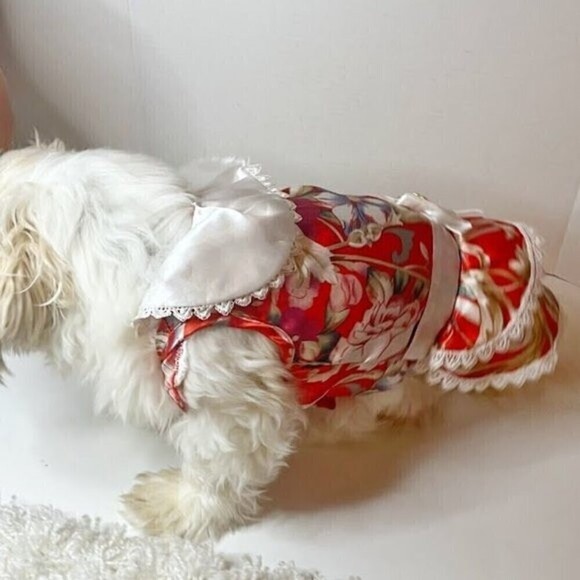 Small Dog Floral Party Wedding Lace Peter Pan Collar Tiered Tulle Dress with Bow - Picture 6 of 10